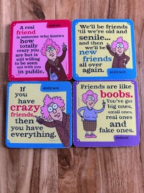 Aunty Acid Funny Friends Drink Coasters - Pink, Blue, Yellow, Purple